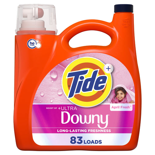 Front-facing bottle of Tide with Ultra Downy April Fresh label on an orange detergent jug showing 83 loads claim