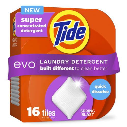 Orange Tide Evo retail box with Tide logo, a single white detergent tile and callouts for spring blast and quick dissolve