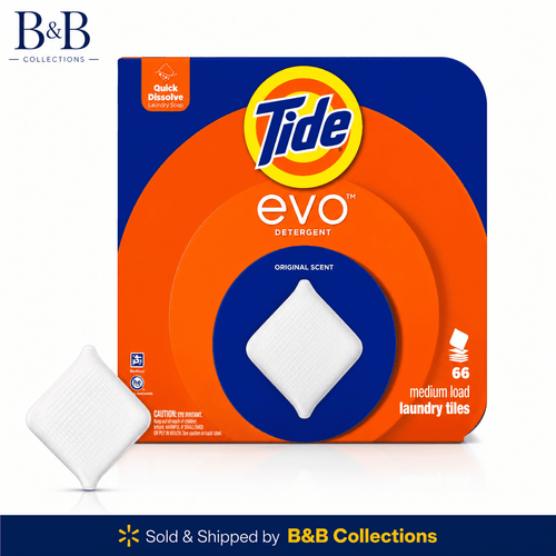 Tide evo orange and blue box with a single white detergent tile shown in front on a white background.