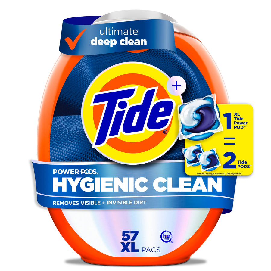 Close-up of Tide Hygienic Clean Power PODS orange container with logo and blue label