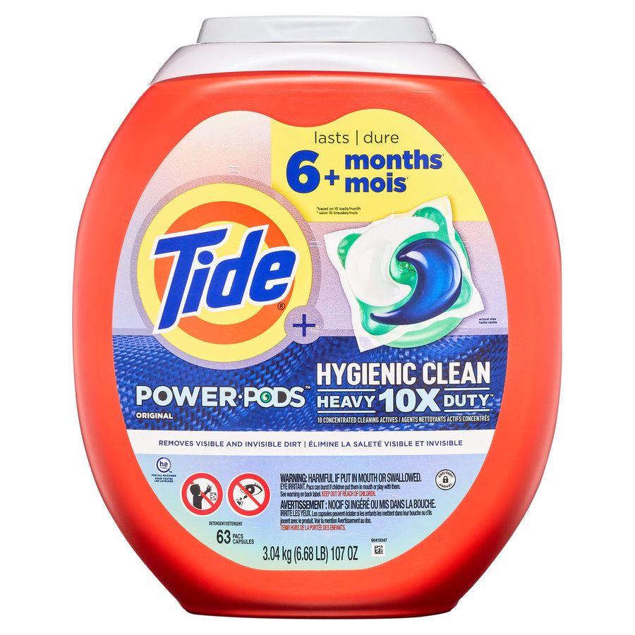 Front-facing Tide Power PODS Hygienic Clean plastic tub with logo and pod graphic on white background.