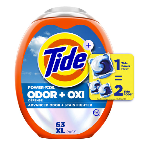Orange Tide Power Pods container labeled Odor + Oxi with a pod graphic and 63 XL pacs text