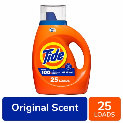 Orange Tide liquid detergent bottle with blue cap, label showing 'Tide' logo and '25 loads' badge on white background.