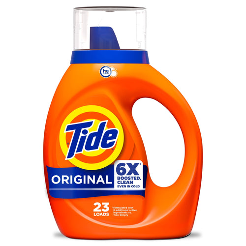 Front-facing orange Tide Original liquid detergent bottle with label and clear cap