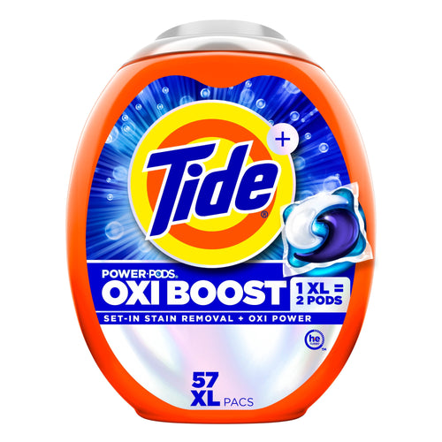 Orange Tide container labeled OXI BOOST Power-PODS with large Tide logo and blue swirl pod graphic