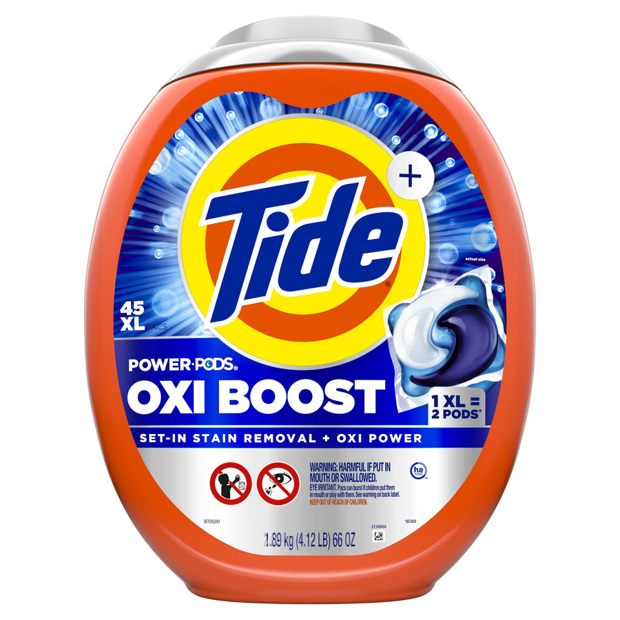 Front-facing orange Tide Power-Pods Oxi Boost plastic tub with large Tide logo and product branding on the label.