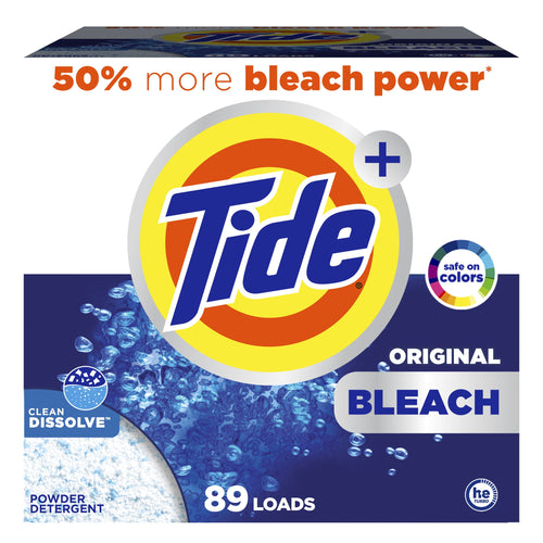 Front-facing box of Tide Plus Bleach powder showing Tide logo, blue water graphic and '89 loads' badge.