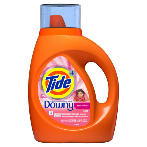 Orange Tide Plus Downy liquid detergent bottle with April Fresh label and blue measuring cap, front view