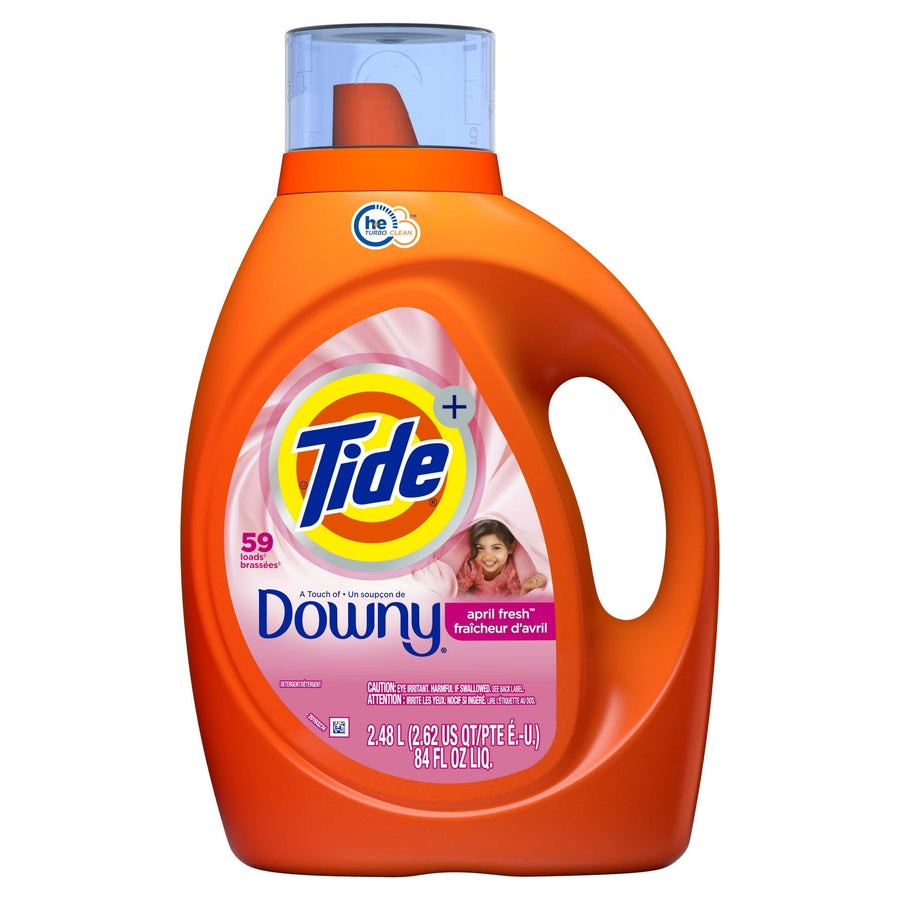 Clean product shot of Tide Plus Downy April Fresh orange detergent bottle on white background showing label details