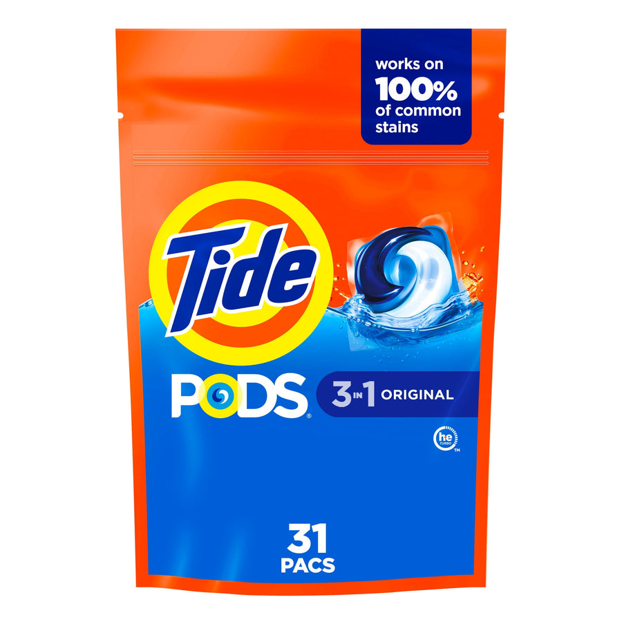Front-facing pouch of Tide PODS 3-in-1 Original with Tide logo and 31 pacs visible
