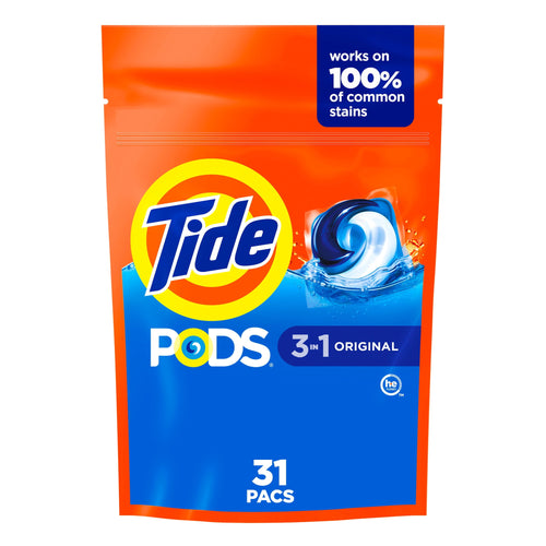 Front-facing pouch of Tide PODS 3-in-1 Original with Tide logo and 31 pacs visible