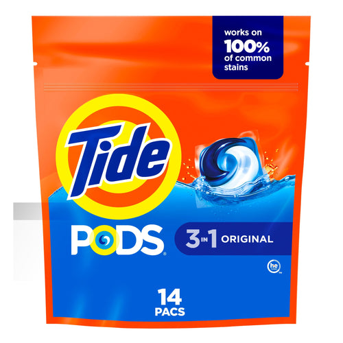 Front-facing pouch of Tide PODS 3-in-1 with large Tide logo, pod image and '14 PACS' label