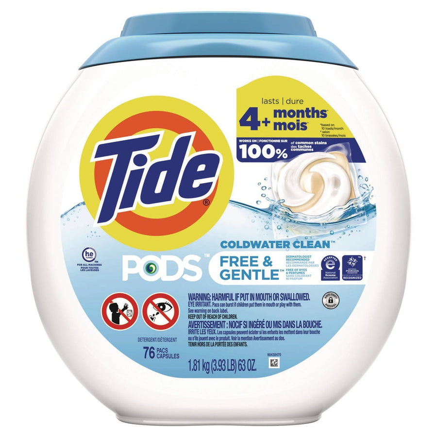Round tub of Tide PODS Free & Gentle coldwater laundry detergent with blue lid and brand logo