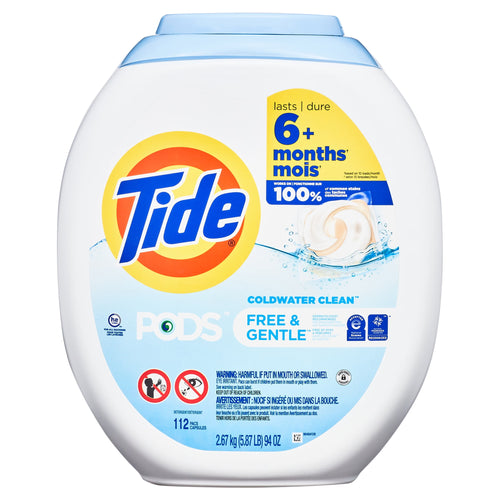 White Tide PODS Free & Gentle plastic tub with Tide logo and product label against white background.