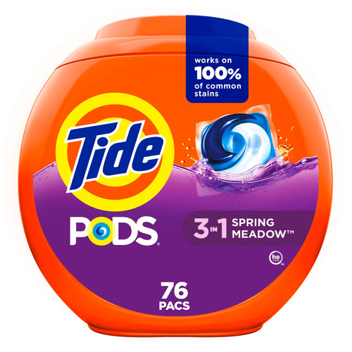 Round orange Tide PODS container labeled 3-in-1 Spring Meadow with purple panel and 76 pacs count