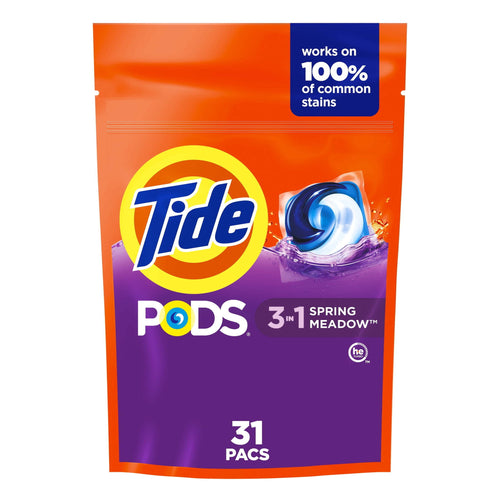 Front-facing pouch of Tide PODS Spring Meadow with prominent Tide logo and blue‑white detergent pod image