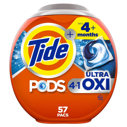 Orange rounded container of Tide PODS Ultra OXI with large Tide logo and image of a blue-white detergent pod