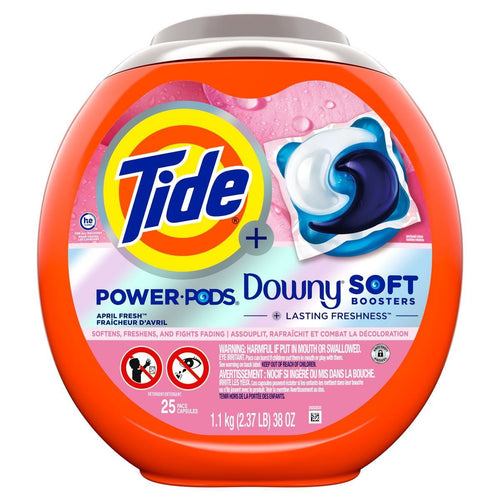 Tide Power PODS Downy April Fresh orange plastic tub with Tide logo and pod image on label