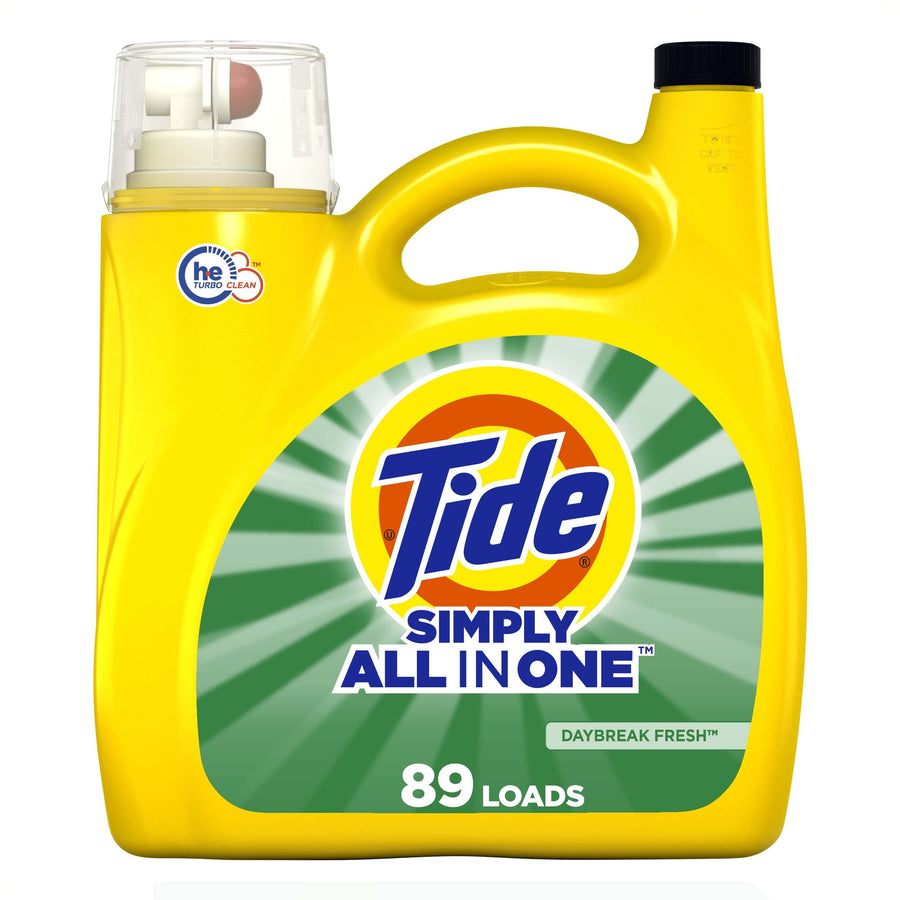 Front view of a yellow Tide Simply All In One laundry detergent jug with green label and 89 loads badge