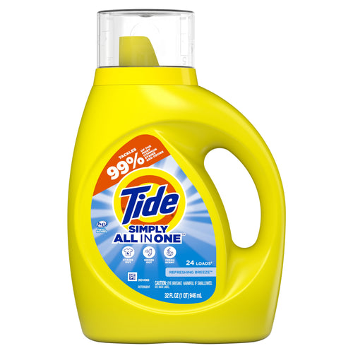 Studio product shot of a yellow Tide Simply All in One detergent bottle showing full front label and clear measuring cap on white background.