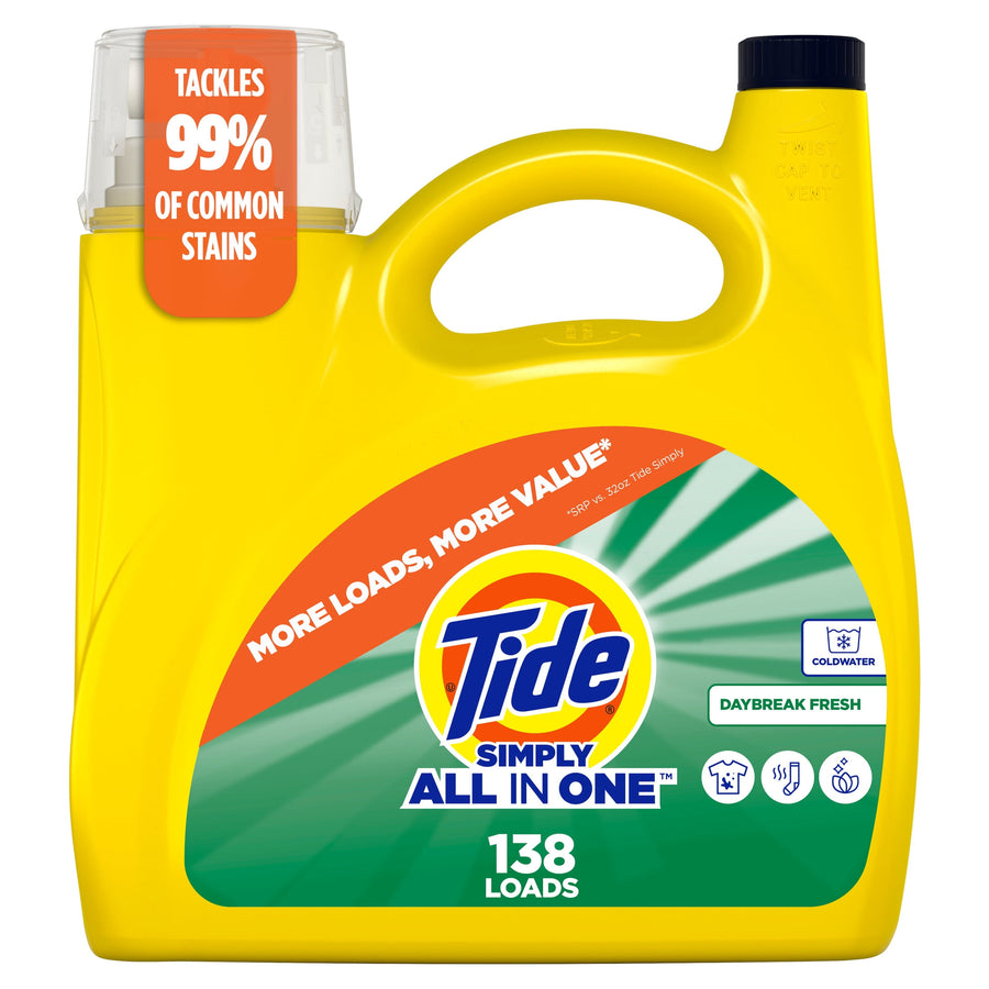 Yellow Tide Simply All In One detergent jug with green label and '138 loads' branding on white background