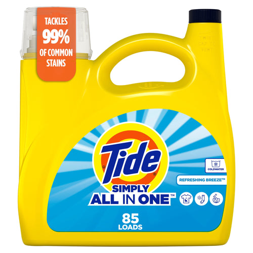 Yellow Tide Simply All In One laundry detergent jug with blue label and 85 loads callout
