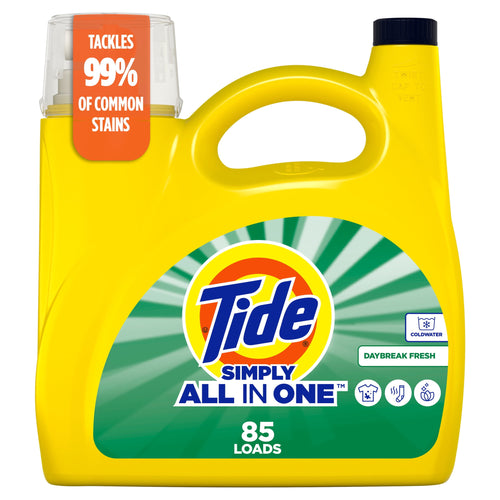 Yellow Tide Simply All In One detergent jug with green label and orange 'tackles 99%' tag