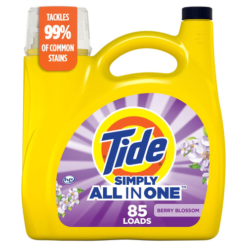 Yellow Tide Simply All In One laundry detergent jug with purple Berry Blossom label, front view