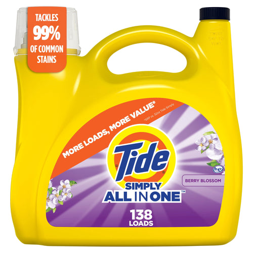 Yellow Tide Simply All In One detergent jug with purple Berry Blossom label and 138 loads callout