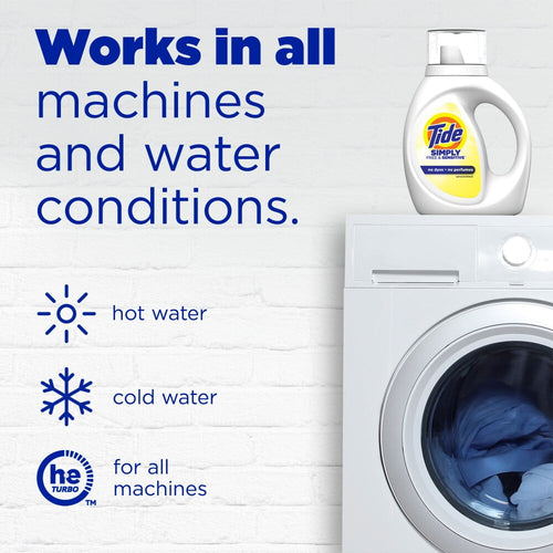 Tide Simply Free & Sensitive bottle on a washing machine graphic with text 'Works in all machines and water conditions.'