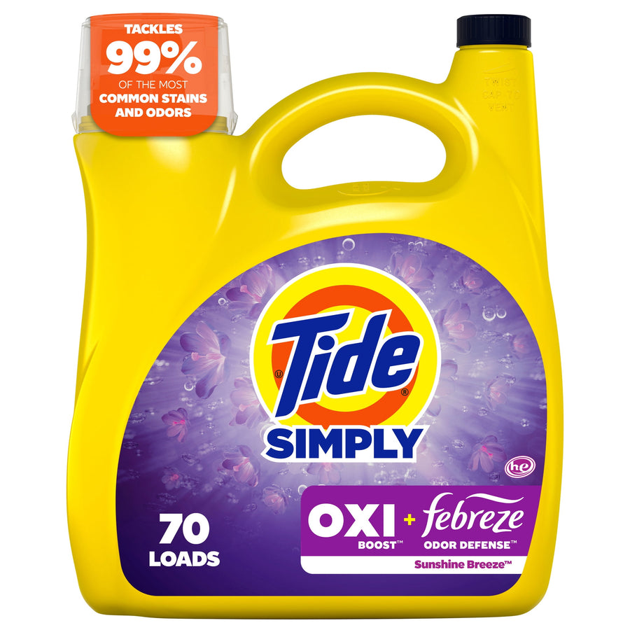 Yellow Tide Simply detergent jug with purple OXI + Febreze label and prominent Tide logo on front.