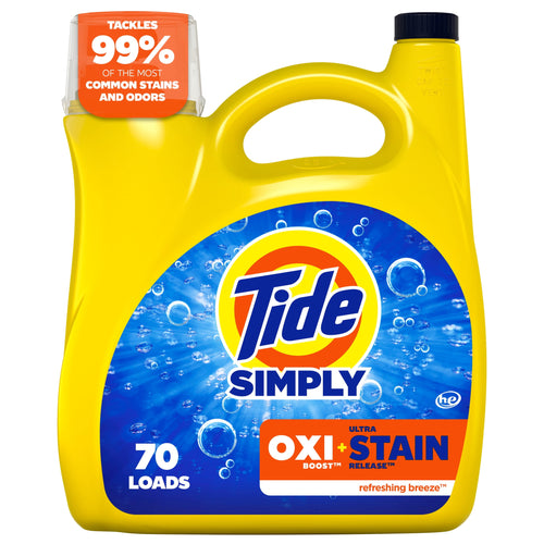 Yellow Tide Simply detergent jug with blue bubble label and OXI + STAIN branding, front view with 70 loads callout