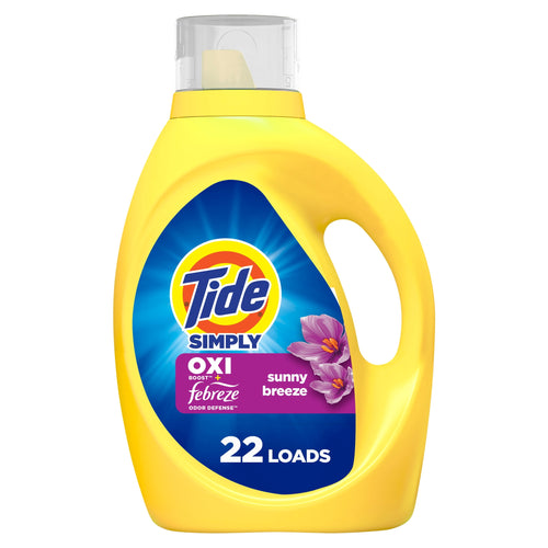 Yellow Tide Simply laundry detergent bottle with Sunny Breeze label and 22 loads callout on white background