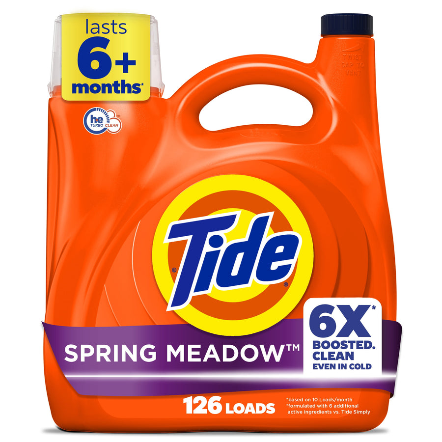 Orange Tide Spring Meadow liquid detergent jug with large Tide logo and 6X boosted clean badge