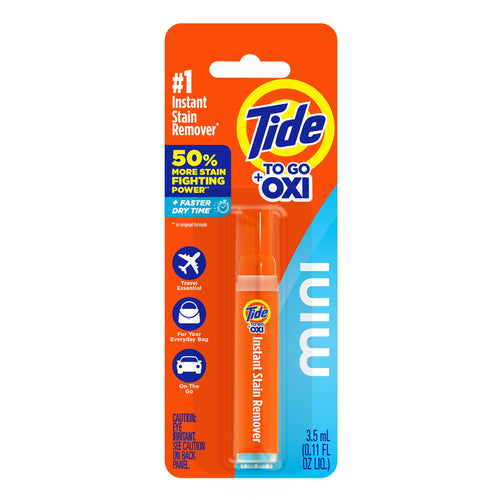 Front-facing Tide To Go mini blister pack showing orange and blue card with product logo and visible pen inside