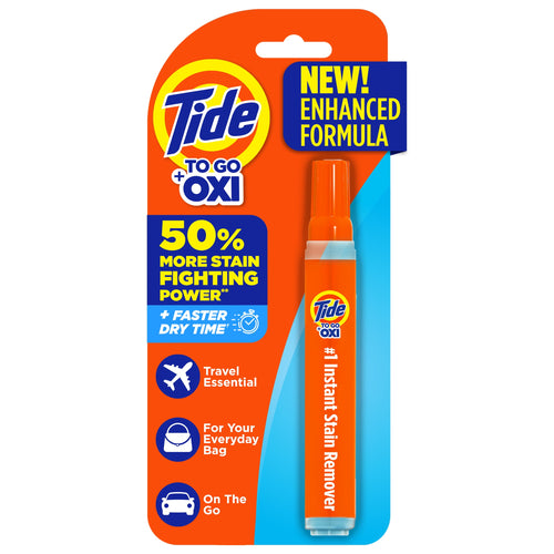Packaged Tide To Go OXI instant stain remover pen on orange and blue retail blister card with product claims