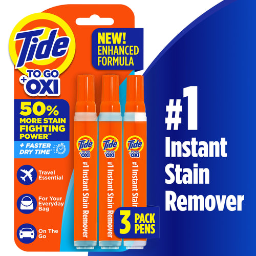 Packaged three orange Tide To Go Oxi instant stain remover pens on branded orange and blue blister card.