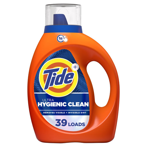 Orange Tide Ultra Hygienic Clean liquid detergent bottle with blue label and clear cap on white background.