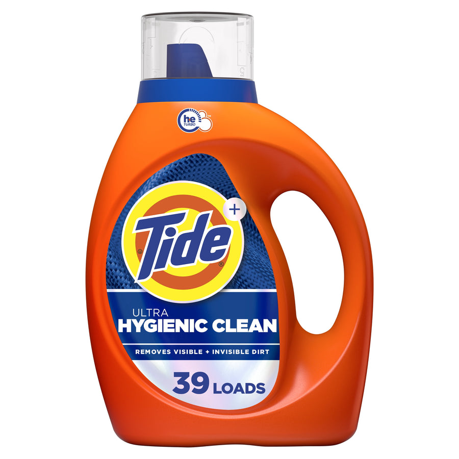 Orange Tide Ultra Hygienic Clean liquid detergent bottle with blue label and clear cap on white background.