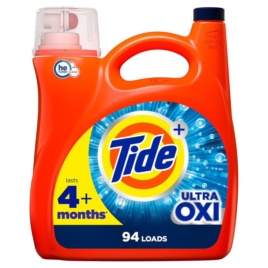 Close-up of an orange Tide Ultra OXI detergent jug showing the Tide logo and 94 loads label