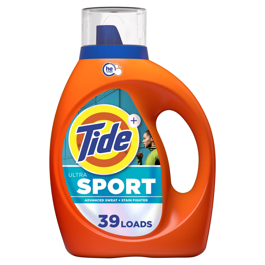 Orange Tide Ultra Sport liquid detergent bottle showing SPORT label and clear measuring cap