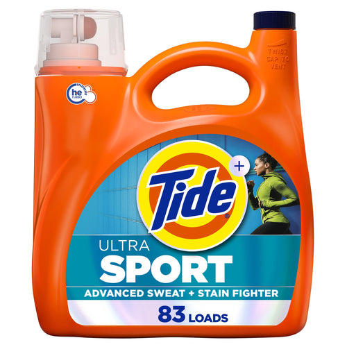 Orange Tide Ultra Sport detergent bottle with label showing Tide logo and 'Ultra Sport' graphic