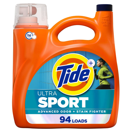 Orange Tide Ultra Sport detergent jug with label showing Tide logo and athlete image on teal panel