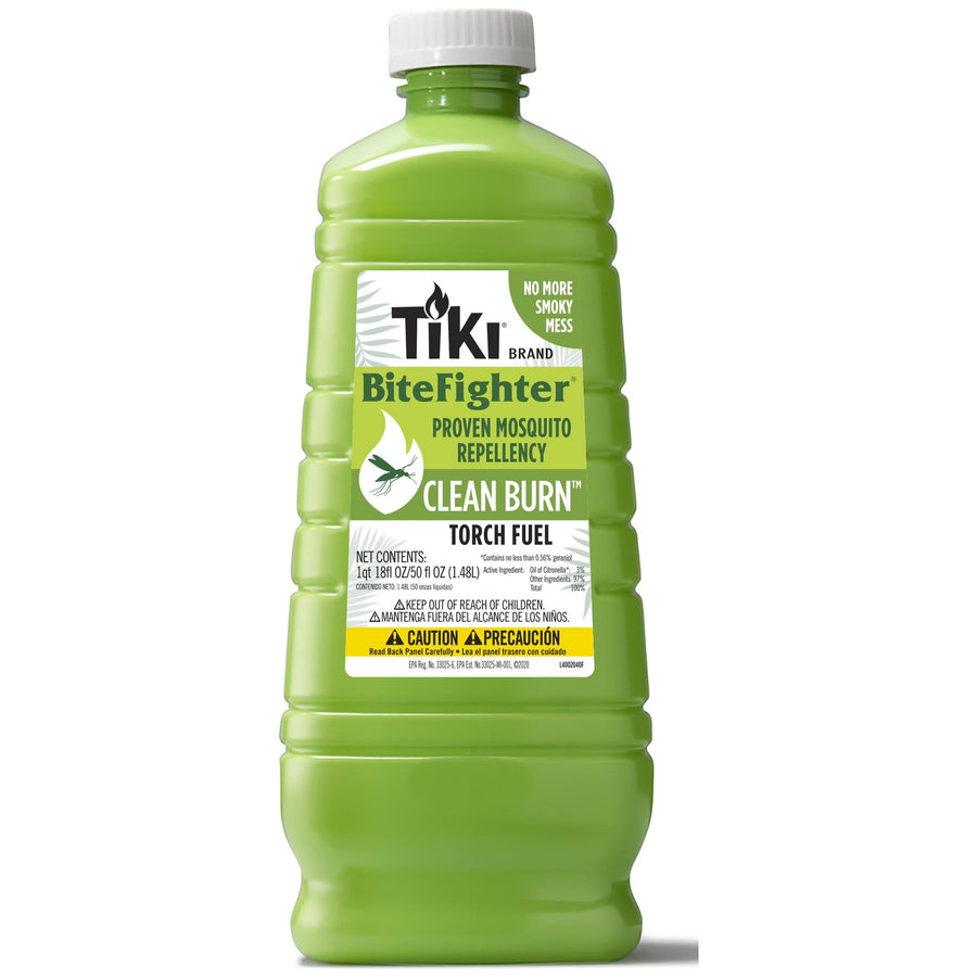 Green TIKI BiteFighter Clean Burn torch fuel bottle on white background with full label visible