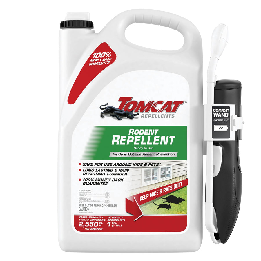 White one-gallon Tomcat Rodent Repellent jug with green label and attached black comfort wand sprayer