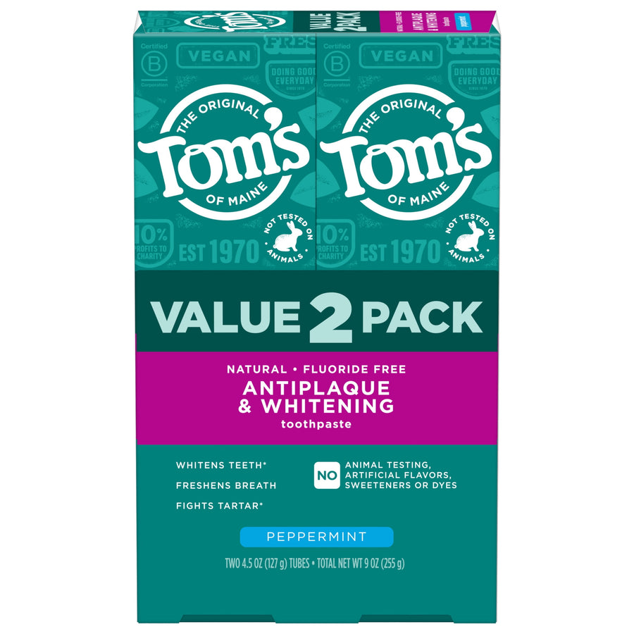 Front-facing boxed value pack of Tom's of Maine antiplaque & whitening toothpaste with teal and magenta packaging.
