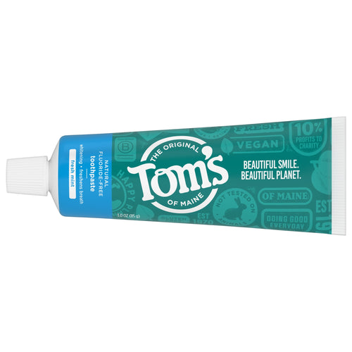 Tom's of Maine Fresh Mint fluoride-free toothpaste tube with teal branded packaging