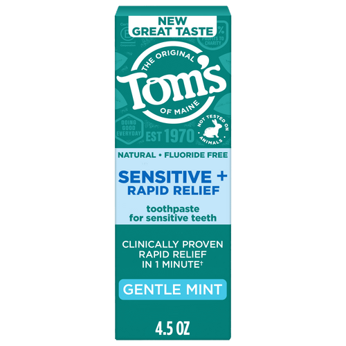 Boxed Tom's of Maine Sensitive + Rapid Relief fluoride-free toothpaste in Gentle Mint, teal packaging showing 4.5 oz