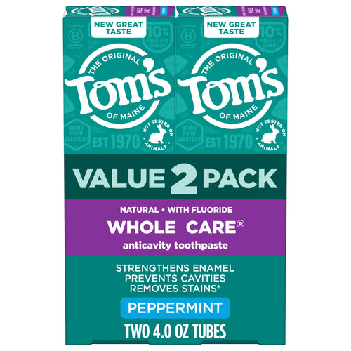 Front-facing cardboard value pack showing Tom's of Maine Whole Care peppermint toothpaste packaging with bold "VALUE 2 PACK" label.