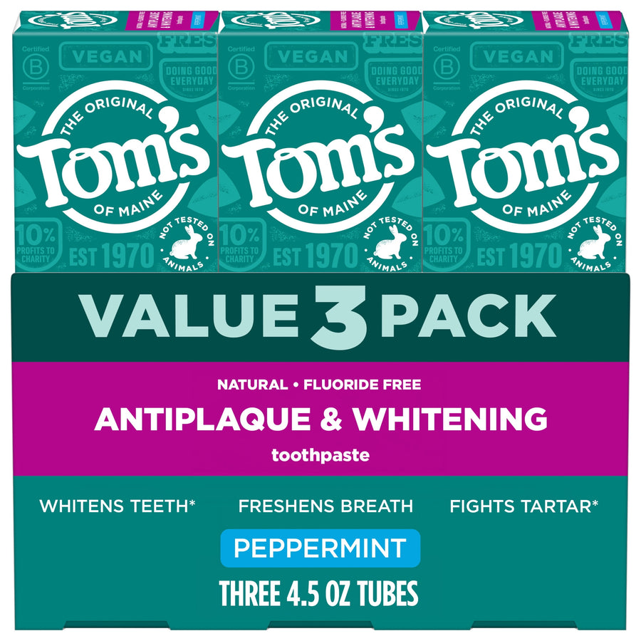 Tom’s of Maine value pack box front for antiplaque & whitening peppermint toothpaste with bold value 3 pack text